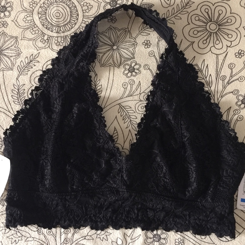 Rene Rofe 1X Black Lace Halter Bralette